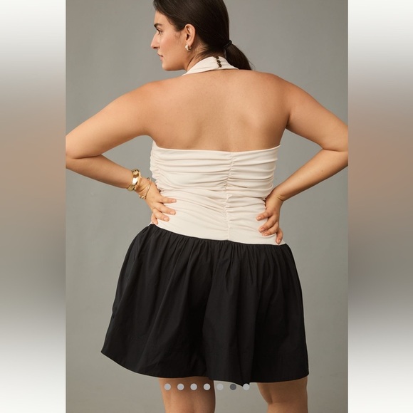 Maeve Anthropologie Twofer Mini Dress Size XL Black White Halter Ruched Front - Picture 2 of 15